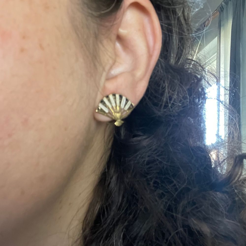 Antique Spanish Damascene vermeil enamel gold‎ tone fan clip on earrings - Picture 7 of 9